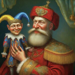 painting of a regal white bearded old man holding a harlequin puppet, both smiling